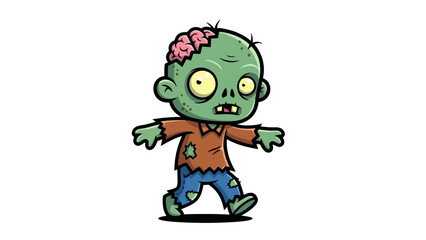Cute Cartoon Zombie Character Walking with Exposed Brain and Tattered Clothes