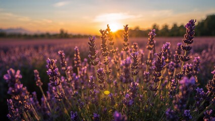 Lavender field at sunset with purple flowers and warm sunlight. Nature, sunset, and floral landscape.