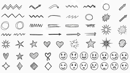 Collection of Hand Drawn Doodle Elements and Symbols on White Background