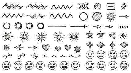 Collection of Hand Drawn Doodle Icons and Symbols, Arrows, Stars, Hearts and Faces