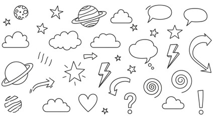 Collection of Hand-Drawn Doodle Icons: Stars, Planets, Clouds, Arrows, and Speech Bubbles © oyii