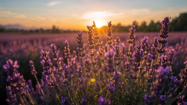Lavender field at sunset with purple flowers and warm sunlight. Nature, sunset, and floral landscape. - Powered by Adobe