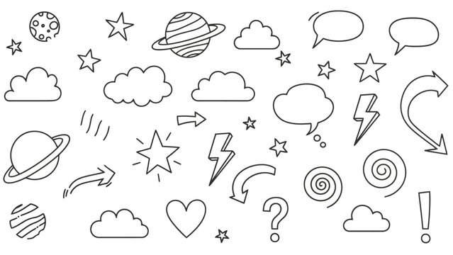 Collection of Hand-Drawn Doodle Icons: Stars, Planets, Clouds, Arrows, and Speech Bubbles
