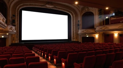 Empty cinema theater with rows of red velvet seats and a large blank white screen on stage illuminated by a projector