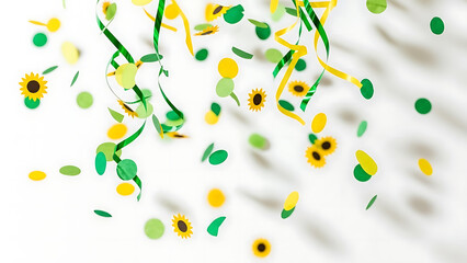 Green and yellow confetti falling over a clean background, festive mood