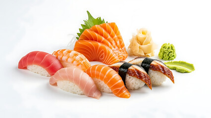 Assorted sushi nigiri and sashimi neatly arranged
