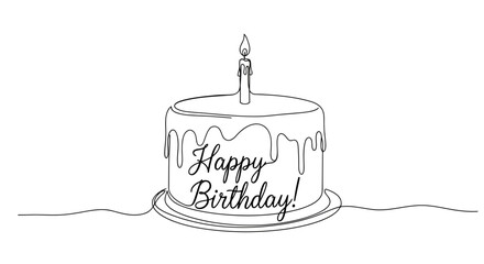 Continuous line drawing of a festive birthday cake with a lit candle and 'happy birthday!' message Vector