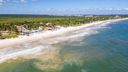 Tulum Beach, Quintana Roo, Mexico, Beach with a lot of palm trees and a clear blue ocean. The beach is empty and the water is calm