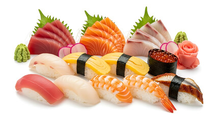 Assorted sushi nigiri and sashimi neatly arranged