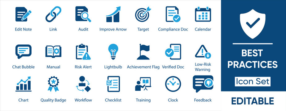 Best Practices Icon Set &ndash; Business Workflow, Training, Compliance, Quality & Productivity Icons. Solid vector icons collection.
