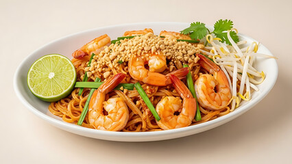 Thai Pad Thai noodles with shrimp, peanuts and lime