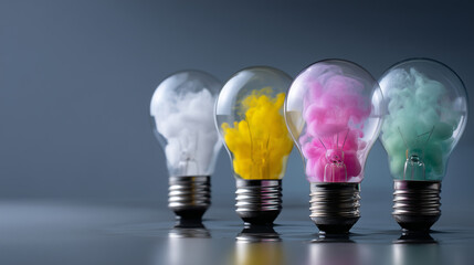 Creative glowing light bulbs with colorful neon smoke inside on wet reflective surface, perfect for innovation concepts and modern business design background, with copy space
