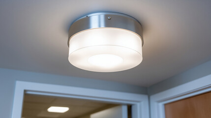 A contemporary flush-mount ceiling light fixture installed in a hallway, providing bright and even illumination for safe passage through the space, with copy space