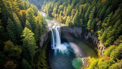 Waterfall cascading into pool surrounded by lush green forest