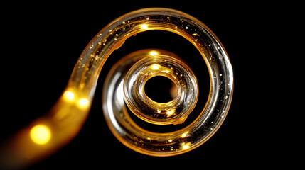 Macro detailed shot of spiral filament structure inside LED bulb with glowing highlights, with copy space