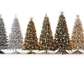Row of decorated and undecorated artificial evergreen trees displayed against a white background