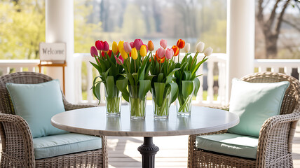 Beautiful tulips arranged on porch table with wicker chairs