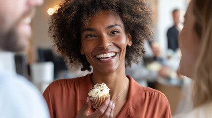 Close-up of coworkers congratulating a colleague with a small cake during an office celebration, genuine smiles