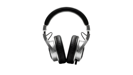 Silver and black over ear headphones isolated on a transparent background