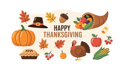 Happy Thanksgiving illustration with harvest symbols and autumn leaves