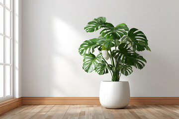 Green monstera plant in white ceramic pot in bright minimalist living room corner for interior decoration