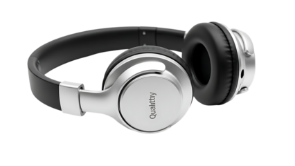 Silver and black over-ear headphones with logo isolated on a transparent background