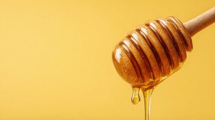 A wooden dipper holds honey that is dripping down. The background is bright yellow. The scene focuses on the texture and flow of the honey as it falls