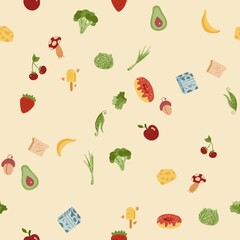 Seamless vector illustration set featuring a colorful pattern of healthy fruits and vegetables like apples and strawberries with green leaves for a nature-inspired food wallpaper design