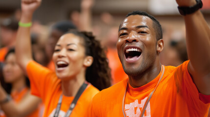 Close-up of teammates cheering after completing a group challenge, dynamic authentic happiness, 