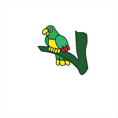 Cute cartoon green parrot perched on a branch with a white background