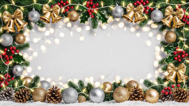 Festive holiday decoration frame with ornaments and lights for background