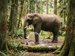 A powerful elephant is seen urinating, captured in a centered, full-body shot that emphasizes the deep green and earthy tones of the lush temperate forest.