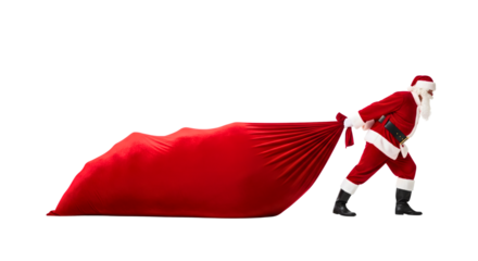 Santa claus pulling a giant red gift bag full of presents
