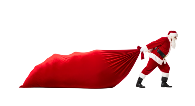 Santa claus pulling a giant red gift bag full of presents - Powered by Adobe