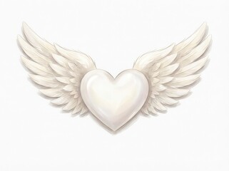 Obraz premium An ethereal and romantic glossy white heart, beautifully illustrated with detailed feathered wings, appears to be flying against a pure white background.