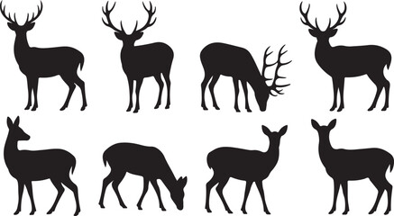 Deer Silhouette Set – Standing and Grazing Deer Vector Collection on White Background