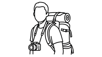 A simple line drawing of a hiker with a backpack and camera ready for adventure