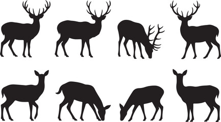 Deer Silhouette Set – Standing and Grazing Deer Vector Collection on White Background