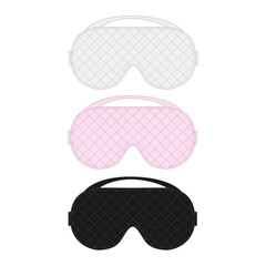Vector illustration of a white, pink, and black sleep mask. Spa accessory silk fabric glasses for healthy eye rest. Set of sketches of a comfortable eye mask with diagonal stitching.