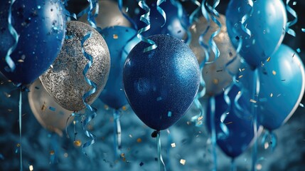 Festive blue, silver balloons & confetti float in celebratory atmosphere