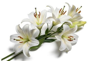 Obraz premium Several pure white trumpet-shaped blossoms rest diagonally across a bright white background