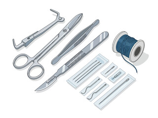 Surgical Instruments Still Life Scalpel, Forceps, and Suture Material