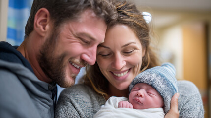 Obraz premium Close-up of exhausted but happy parents holding their newborn for the first time, soft hospital light, 