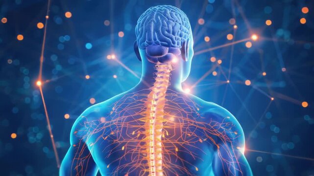 Video A person's back and neck with a glowing brain in the background, suitable for sci-fi or fantasy s