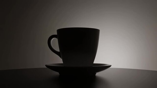 Dramatic silhouette of a coffee cup and saucer on a dark surface with a gradient grey background highlighting the beverage container