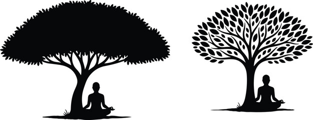 Silhouette of a person meditating peacefully under a large, lush tree, symbolizing deep tranquility, spiritual growth, mindfulness, and the harmonious connection with nature and wellness.