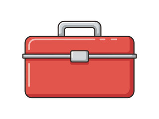 Cartoon illustration of a bright red toolbox with a metal handle and secure clasp on a white background