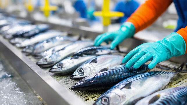 Faceless worker sorting fresh fish on industrial processing line, hands organizing catch on stainless steel surface, modern seafood factory operations, with copy space