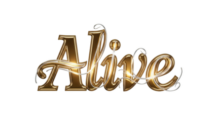 Golden 3 D text Alive with white swirling accents on black word lettering