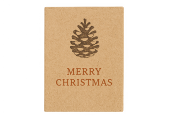 Vintage style merry christmas greeting card with a pinecone illustration on rustic brown paper. Transparent background